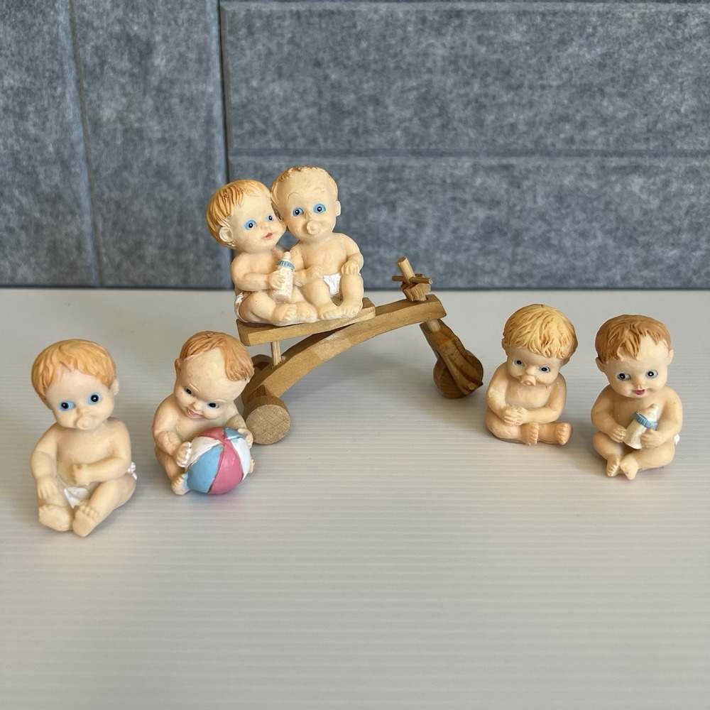 Lot of Porcelain Baby Figurines 2" Tall Two on Wooden Tricycle Nursery Decor